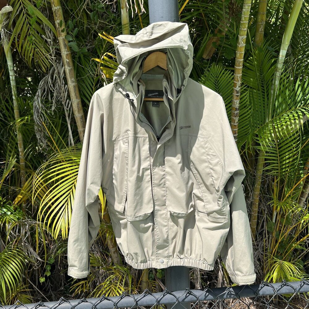 Simms Gore Tex Jacket Mens Medium Beige Fly Fishing Waterproof Full Zip Hooded